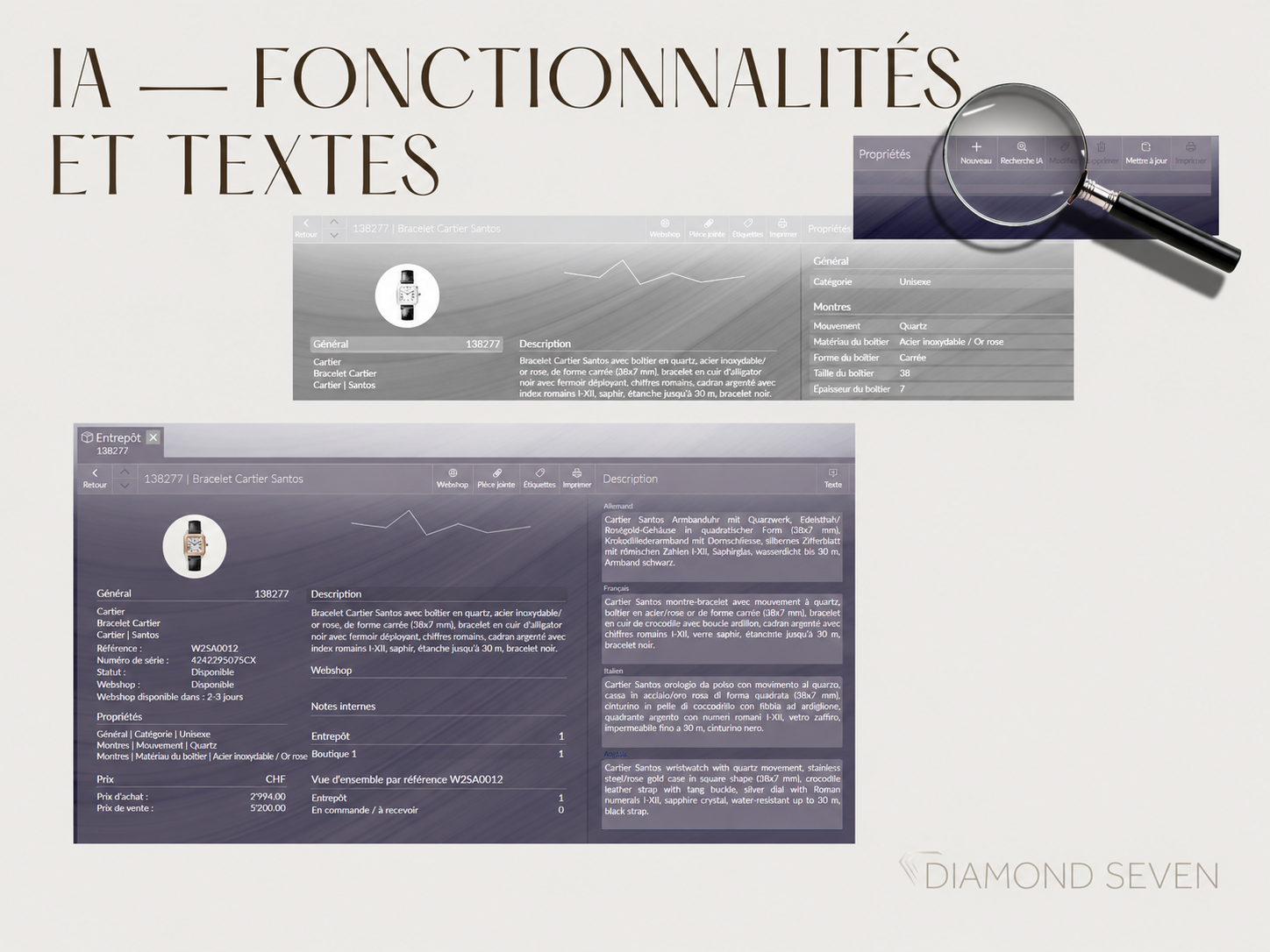 DIAMOND SEVEN fonctionnalités IA, caractéristiques et textes