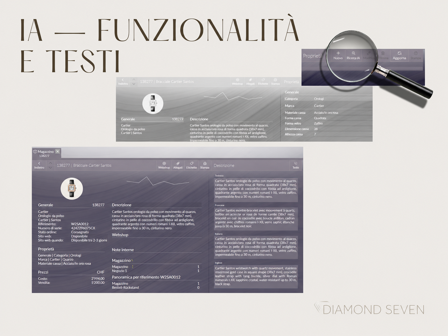 DIAMOND SEVEN funzioni IA e testi